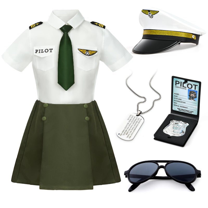 G.C Girls Pilot Costume Kids Dress Up Outfits Toddler Sunglasses Hat Accessories Halloween Cosplay Role Play Party Gifts - Image 1